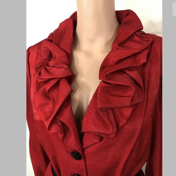 Lilianna Ruffled Neck Jacket Red Belted 3/4 Sleeve - Picture 3 of 9